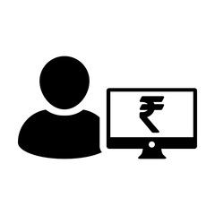 Payment icon vector male user person profile avatar with computer monitor and Rupee sign currency money symbol for banking and finance business in flat color glyph pictogram illustration