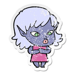 distressed sticker of a pretty cartoon elf girl