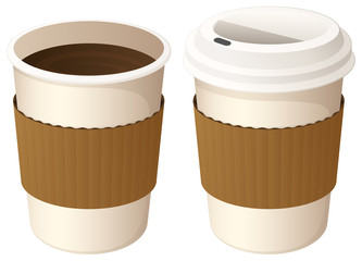 Vector illustration of a cup of coffee, with and without a carry-out lid. 