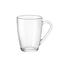 Empty glass mug for tea or coffee isolated on white background. Side view.