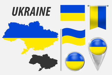 UKRAINE. Collection of symbols in colors national flag on various objects isolated on white background. Flag, pointer, button, waving and hanging flag, detailed outline map and country inside flag.