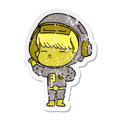 distressed sticker of a cartoon curious astronaut