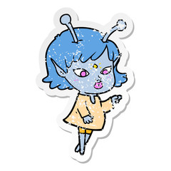 distressed sticker of a pretty cartoon alien girl