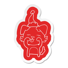 cartoon  sticker of a dog rubbing eyes wearing santa hat