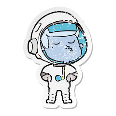 distressed sticker of a cartoon confident astronaut