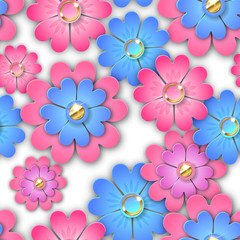 Paper flowers seamless pattern on white