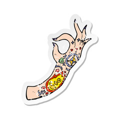 retro distressed sticker of a cartoon tattoo arm