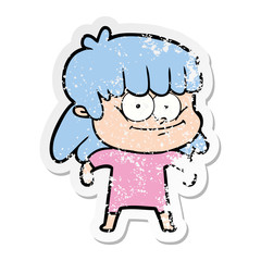 distressed sticker of a cartoon smiling woman