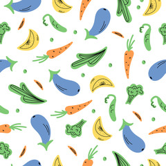 Vegetables seamless pattern. Healthy nutrition. Organic food. Hand drawn illustration for kitchen, textile, fabric prints. Vector