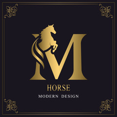 Capital Letter M with a Horse. Royal Logo. King Stallion in Jump. Racehorse Head Profile. Gold Monogram on Black Background with Border. Stylish Graphic Template Design. Tattoo. Vector illustration