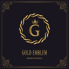 Gold Emblem of the Weaving Circle. Letter G. Monogram Graceful Template. Simple Logo Design for Luxury Crest, Royalty, Business Card, Boutique, Hotel, Heraldic. Calligraphic Vintage Border. Vector