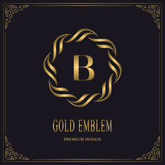 Gold Emblem of the Weaving Circle. Letter B. Monogram Graceful Template. Simple Logo Design for Luxury Crest, Royalty, Business Card, Boutique, Hotel, Heraldic. Calligraphic Vintage Border. Vector