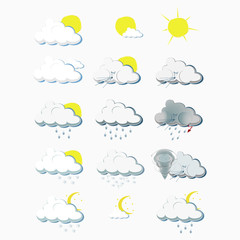 Clouds and sun icons set. Sun, cloud, rain symbols on sky Vector. Collection of Cloud, rain, sun logo template. For Weather forecast interface design. Season banners.
