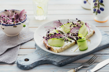 Healthy vegetarian bruschettas with bread, micro greens, cheese, cucumbers and red onion on light rustic wooden table