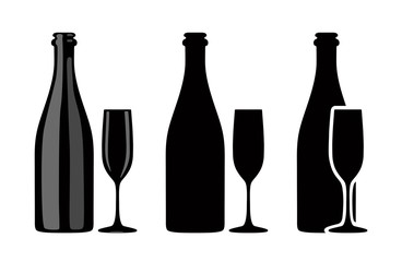 Silhouette of bottle of champagne and glass. Vector illustration