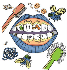 Vector dental hygiene humour with mouth showing dirty teeth with worms and plaque and vegetables.