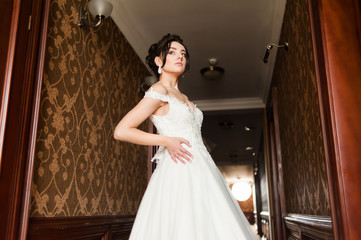 Beauty portrait of bride wearing fashion wedding dress with feathers with luxury delight make-up and hairstyle, studio indoor photo.