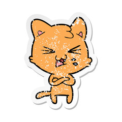 distressed sticker of a cartoon hissing cat