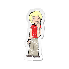 retro distressed sticker of a cartoon boy wondering