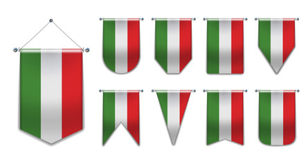 Set of hanging flags of the HUNGARY with textile texture. Diversity shapes of the national flag country. Vertical Template Pennant for background, banner, web site, logo,award, achievement, festival.