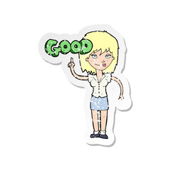 retro distressed sticker of a cartoon woman doing good