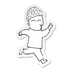 distressed sticker of a cartoon man wearing hat