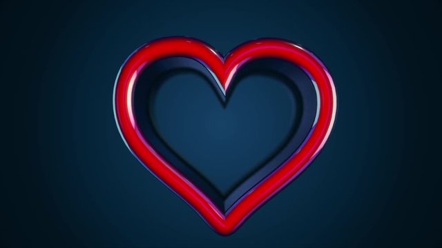 Abstract animation of colorful and glossy glass heart-shaped jewelry box on a dark blue background. Love concept.