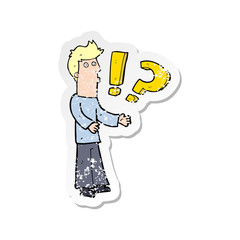 retro distressed sticker of a cartoon man asking question