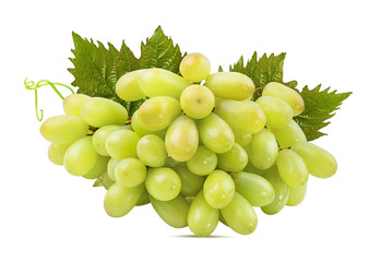 Fresh grapes with leaves isolated on white background with clipping pass