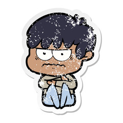 distressed sticker of a annoyed cartoon boy