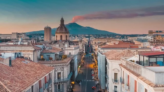 Cityscape with the volcano Etna