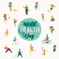 World Health Day. Vector illustration of people leading an active healthy lifestyle.