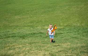 Fototapeta premium Young boy playing airplane on the meadow