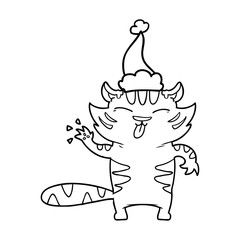 line drawing of a white tiger wearing santa hat