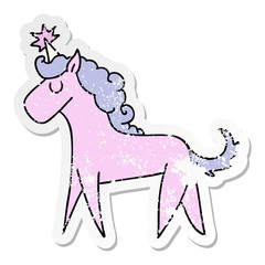 distressed sticker of a quirky hand drawn cartoon unicorn