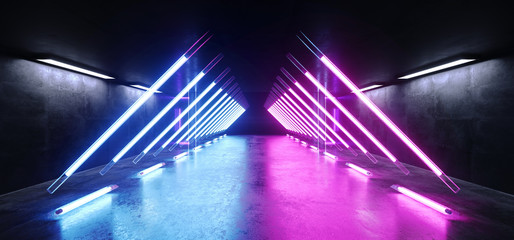 Background Sci Fi Neon Triangle Futuristic Alien Spaceship Dance Club Stage Glowing Purple Pink Blue Ultraviolet Fluorescent Laser Led Lights On Grunge Dark Concrete Reflective 3D Rendering