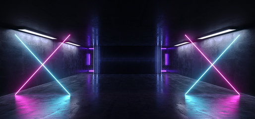Neon Cross Shaped Background Spaceship Club Dance Stage Empty Space Dark Reflective Grunge Concrete Tunnel Corridor Underground Hall Cross Shaped Lights 3D Rendering