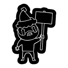 cartoon icon of a bearded protester crying wearing santa hat