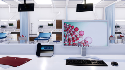 Close-up of empty nurses station workplace with computer screen and phone in emergency room of modern clinic. With no people 3D illustration on health care theme from my own 3D rendering file.