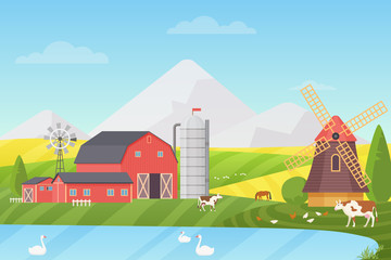 Agriculture, Agribusiness and Farming vector illustration concept. Rural cartoon landscape with animals and buildings.