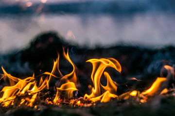 The flames of the fire burning the herb in the evening field, turning into coals and ashes with smoke. Soft focus and texture.