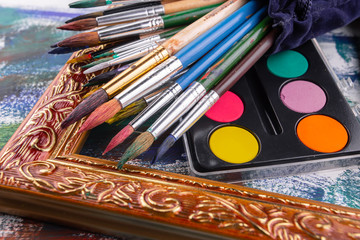 Fototapeta premium Paint brushes and paints for drawing.