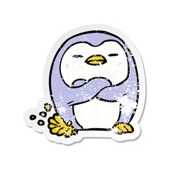 distressed sticker of a cartoon penguin tapping foot