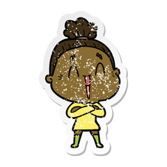 distressed sticker of a cartoon happy old lady