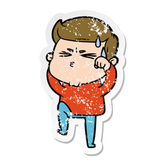 distressed sticker of a cartoon man sweating