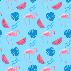 Trendy seamless pattern with tropical pink flamingos, watermelon slices and monstera leaves. Exotic jungle background