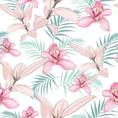Pink orchids, exotic ficus and tropical palm leaves. Seamless pattern. White background. 