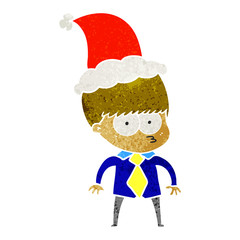 nervous retro cartoon of a boy wearing shirt and tie wearing santa hat