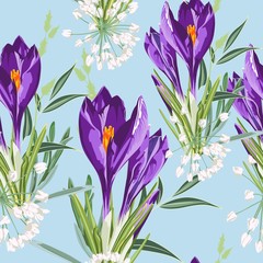 Seamless floral violet crocus flowers pattern on a blue background. Spring flowers and herb. Botanical illustration.  Colorful.