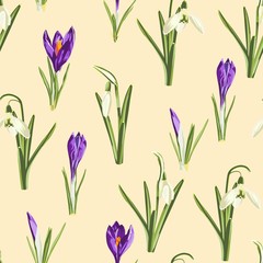 Fototapeta na wymiar Seamless pattern with white snowdrop and violet crocus flowers and green leaves on a vintage yellow background.